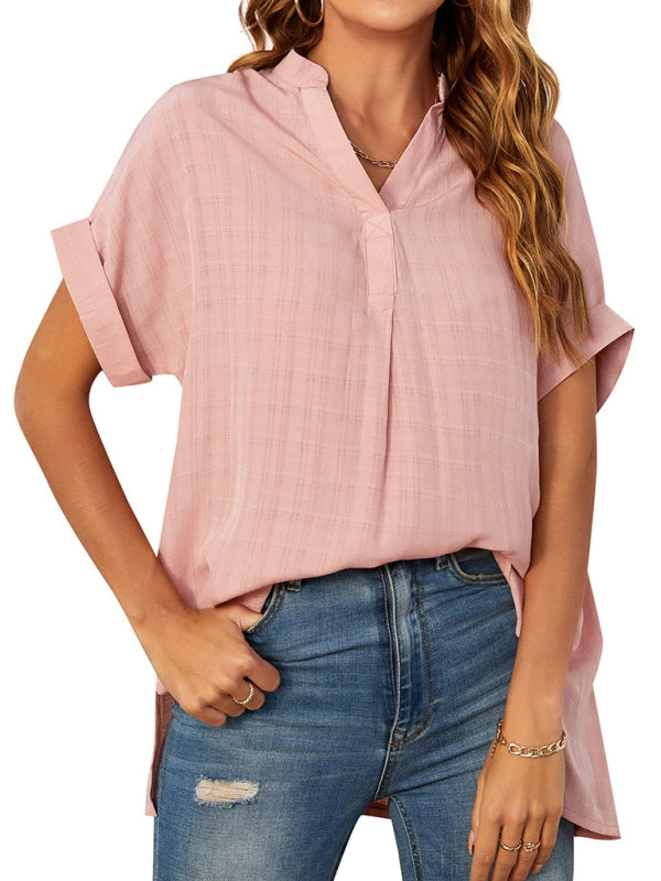 Women's V-neck short-sleeved striped thin loose check shirt