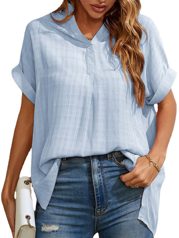 Women's V-neck short-sleeved striped thin loose check shirt