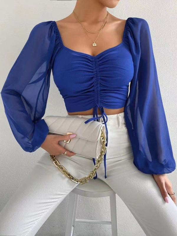 Drawstring Knit Paneled Chiffon Top Feminine Top European and American