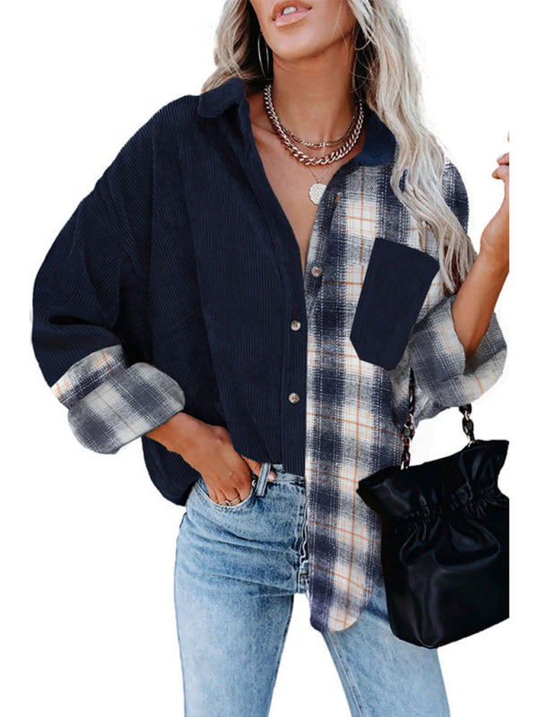 Plaid shirt cross-border European and American foreign trade women's long-sleeved loose pocket shirt - Big ben-Boutique