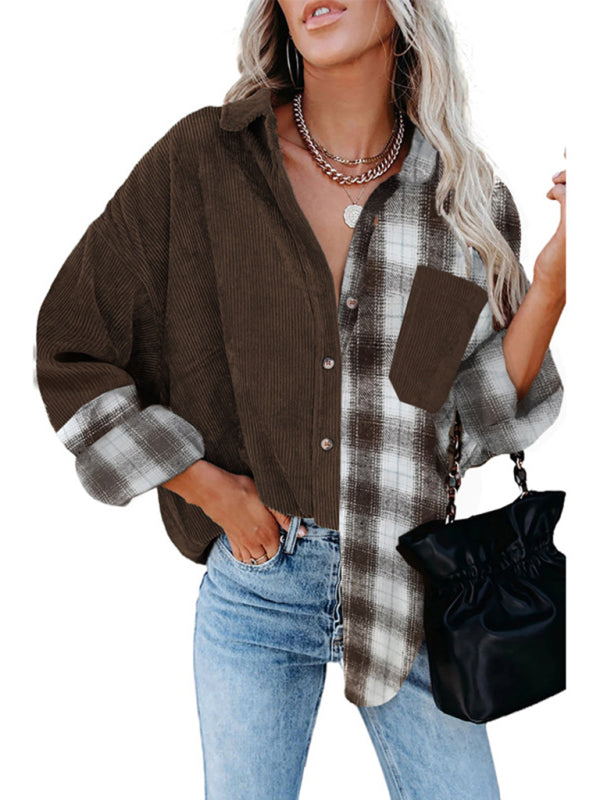 Plaid shirt cross-border European and American foreign trade women's long-sleeved loose pocket shirt - Big ben-Boutique