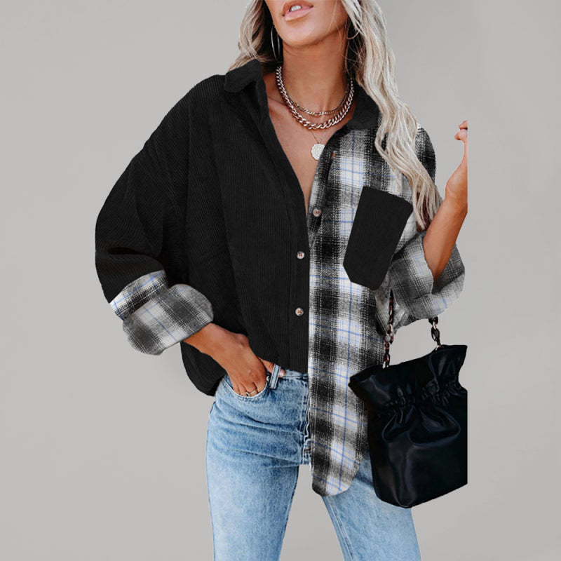 Plaid shirt cross-border European and American foreign trade women's long-sleeved loose pocket shirt - Big ben-Boutique