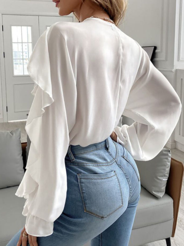 V Neck Ruffle Top Shirt Long Sleeves