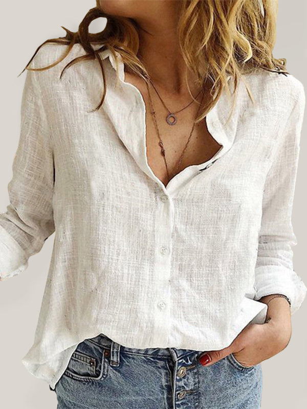 Women's Solid Color Casual Loose Long Sleeve Linen Shirt