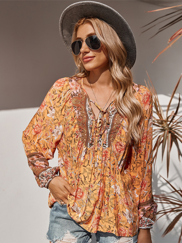 Women's bohemian print resort short sleeve blouse