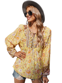 Women's bohemian print resort short sleeve blouse