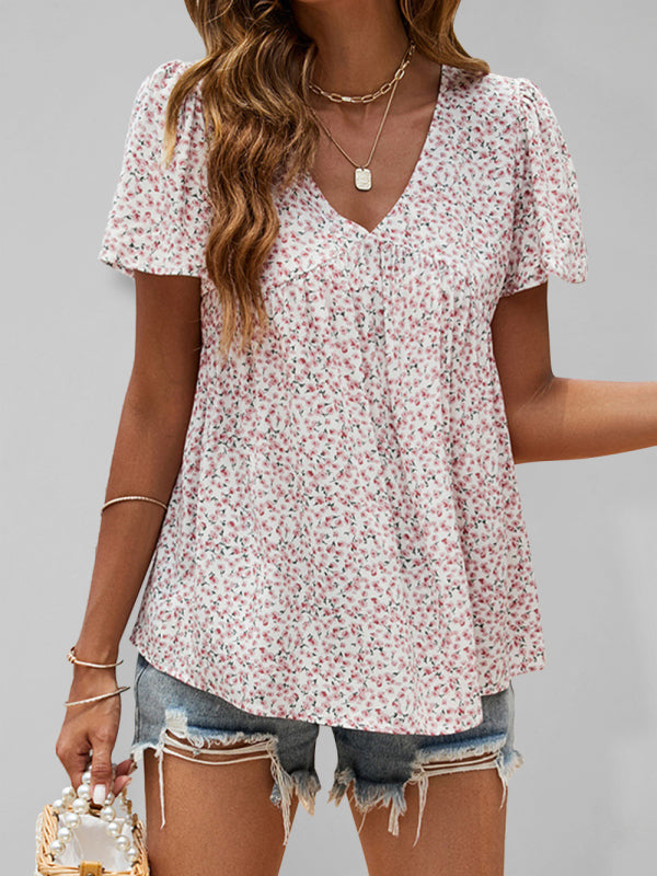 V-neck loose pleated print loose casual European and American tops - Big ben-Boutique