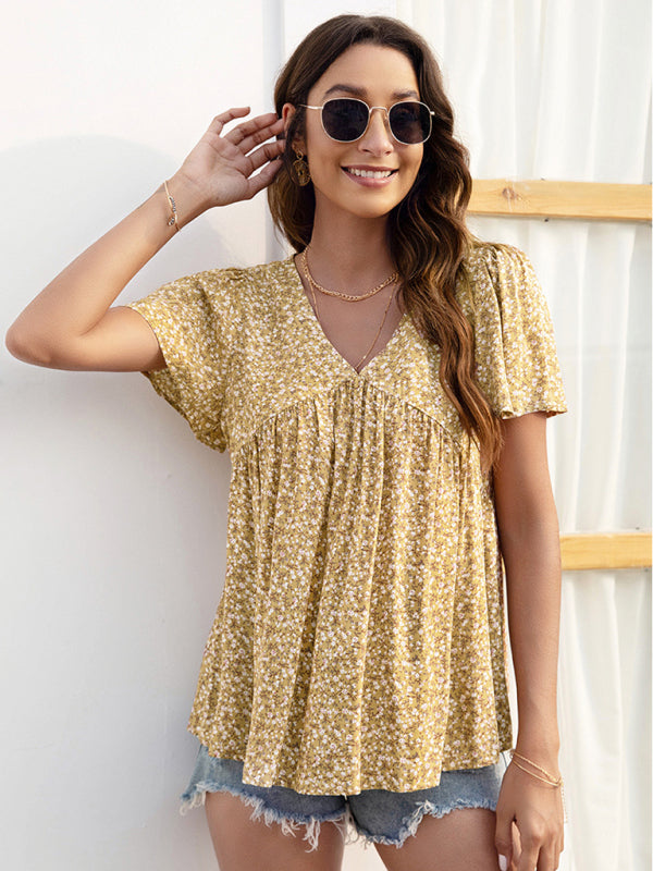 V-neck loose pleated print loose casual European and American tops - Big ben-Boutique