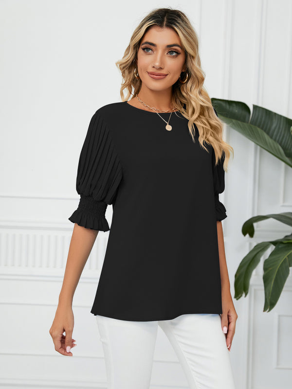 Women's Woven Round Neck Ruffle Princess Sleeve Loose Chiffon Top