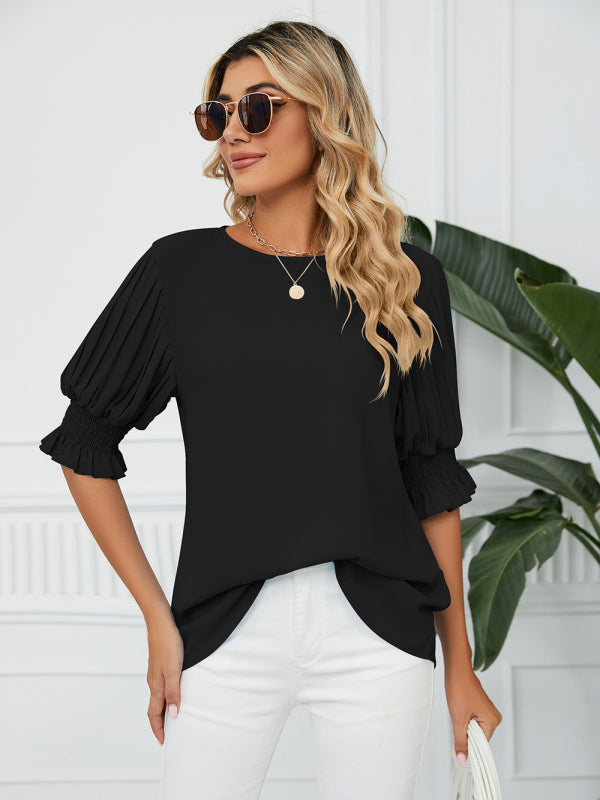 Women's Woven Round Neck Ruffle Princess Sleeve Loose Chiffon Top