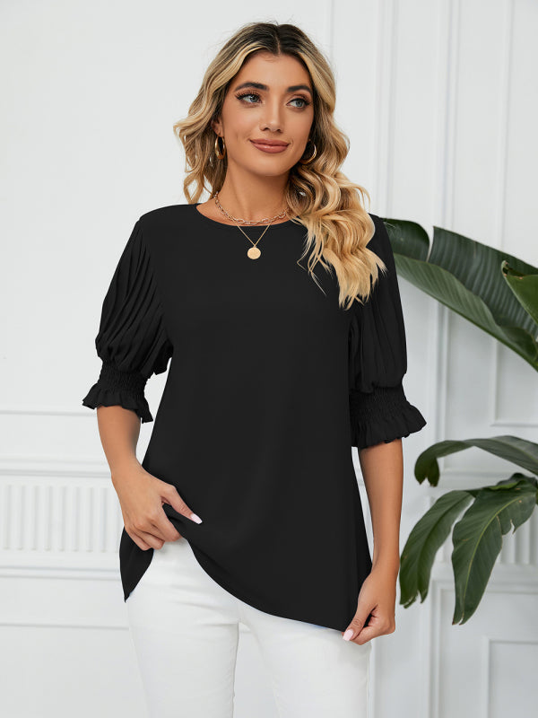 Women's Woven Round Neck Ruffle Princess Sleeve Loose Chiffon Top