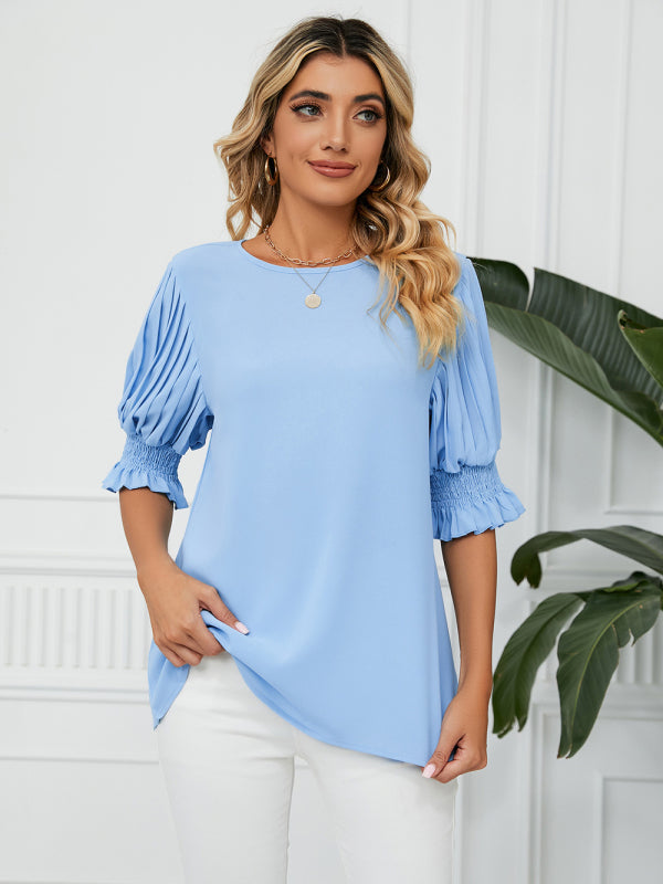 Women's Woven Round Neck Ruffle Princess Sleeve Loose Chiffon Top