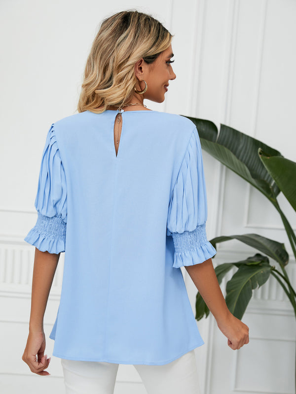 Women's Woven Round Neck Ruffle Princess Sleeve Loose Chiffon Top