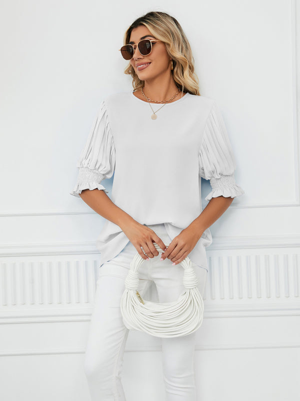 Women's Woven Round Neck Ruffle Princess Sleeve Loose Chiffon Top