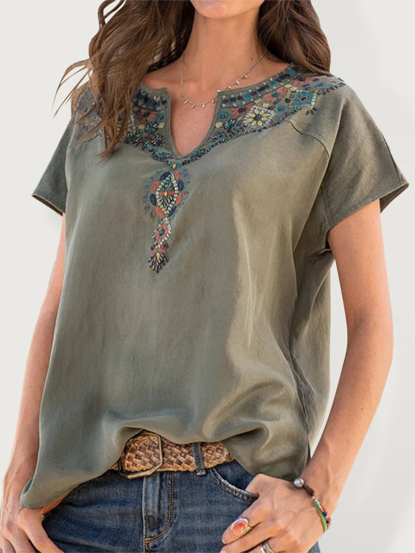 Women's Woven Western Ethnic Style Loose Short Sleeve Top