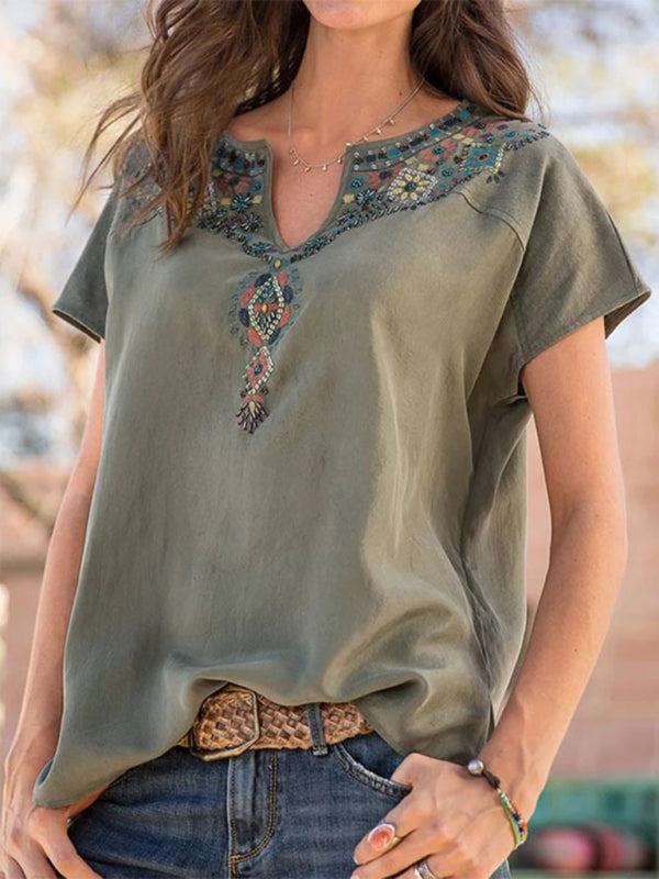 Women's Woven Western Ethnic Style Loose Short Sleeve Top