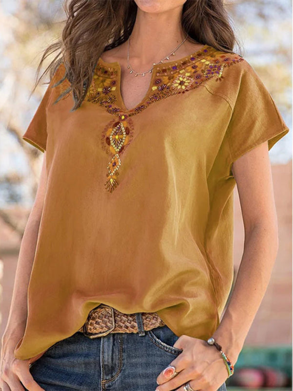 Women's Woven Western Ethnic Style Loose Short Sleeve Top