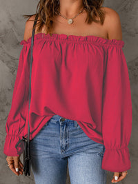 One-neck chiffon shirt solid color pullover sexy off-the-shoulder top