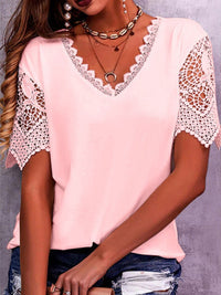 Women's Lace Trim Stitching Loose V Neck Short Sleeve Top