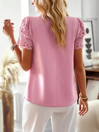 Women's solid color temperament elegant stitching lace sleeve short-sleeved top