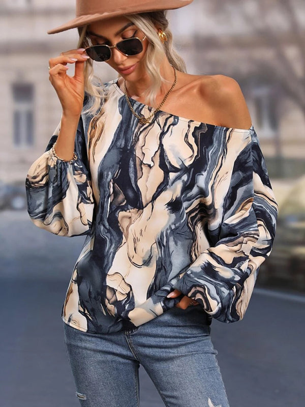 Women's Alphabet Print One Shoulder Loose Balloon Sleeve Top