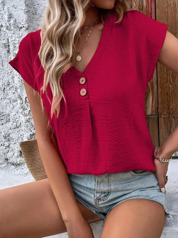 Women's Summer V Neck Button Tops Dolman Sleeves T-Shirts Loose Casual Shirts - Big ben-Boutique