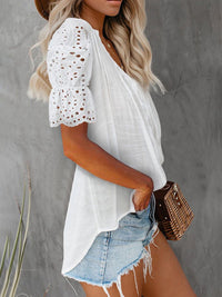 Solid color V-neck front pleats lace puff sleeves splicing single-breasted multi-button shirt