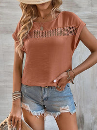 Women's summer new casual solid color stitching lace hollow short-sleeved top - Big ben-Boutique