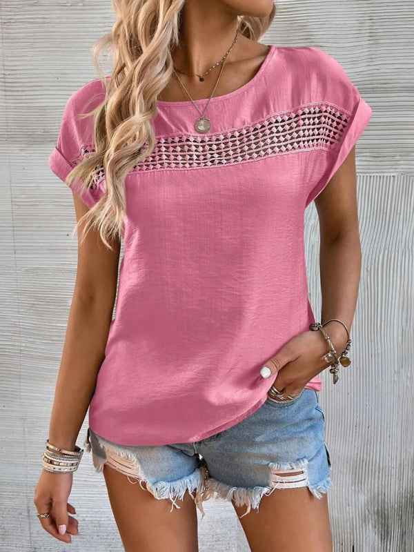 Women's summer new casual solid color stitching lace hollow short-sleeved top - Big ben-Boutique