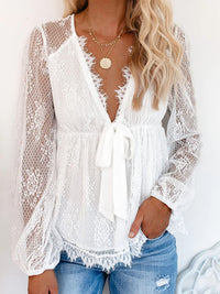 New Lace Embroidery Stitching Lace Bow Tie Long Sleeve Top