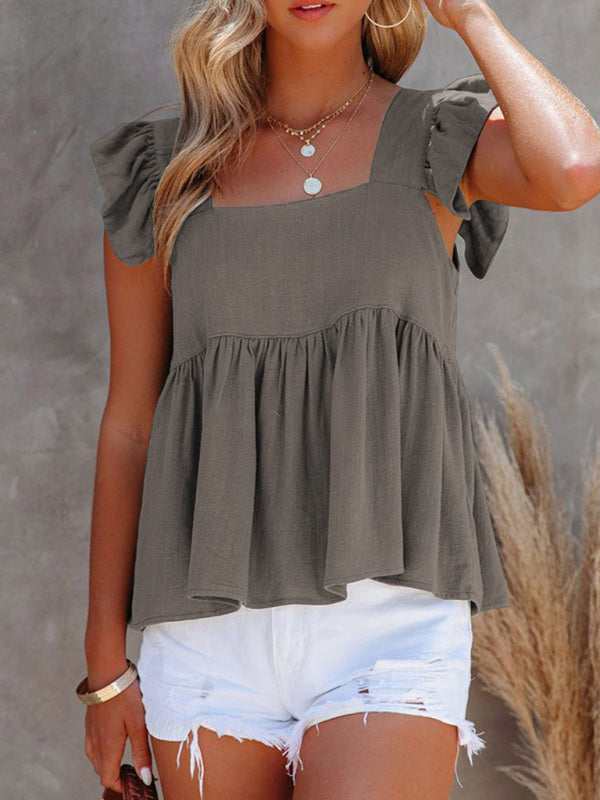 Women's Solid Color Casual Square Neck Fly Fly Sleeve Top - Big ben-Boutique