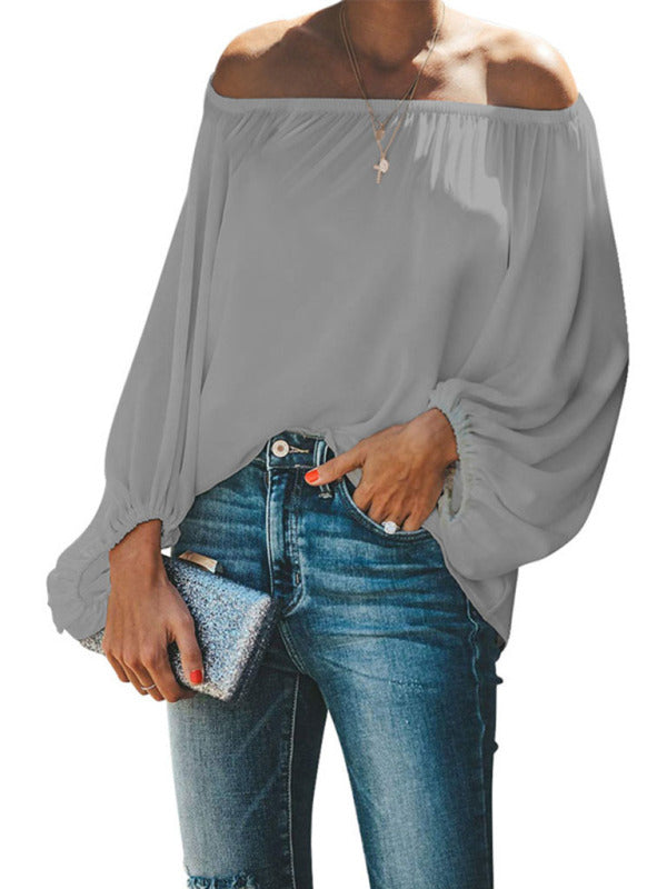 Women's off-shoulder solid color simple lantern sleeve loose long-sleeved top - Big ben-Boutique