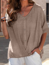 Button V Neck Pullover Short Sleeve Loose Fit Blouse Casual Top - Big ben-Boutique