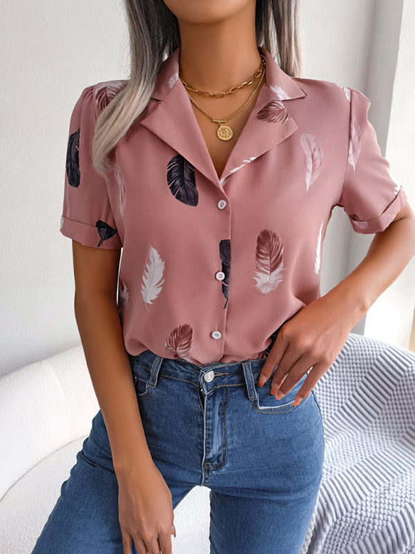 Women's Elegant Feather Print Loose Short Sleeve Shirt - Big ben-Boutique