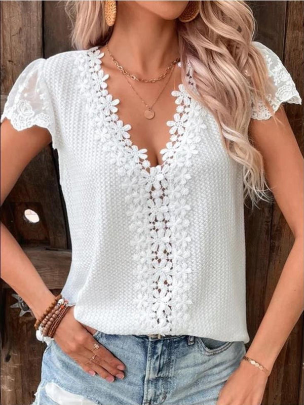 Lace waffle solid color V-neck short-sleeved casual T-shirt - Big ben-Boutique