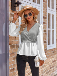 New women's casual solid color V-neck stitching long-sleeved top - Big ben-Boutique