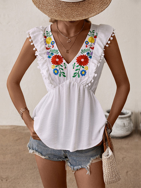 Women's Sleeveless Embroidered White Shirt - Big ben-Boutique