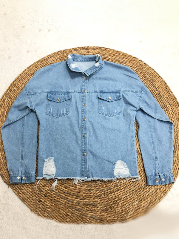 Ripped mid-length denim jacket washed retro jacket long sleevesblouse