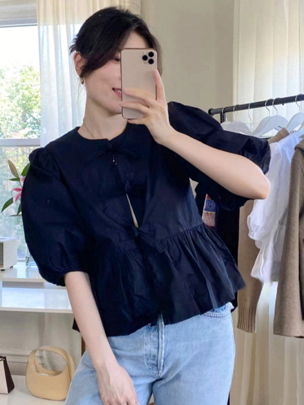 Women's Tie Puff Sleeve Waist Shirt blouse